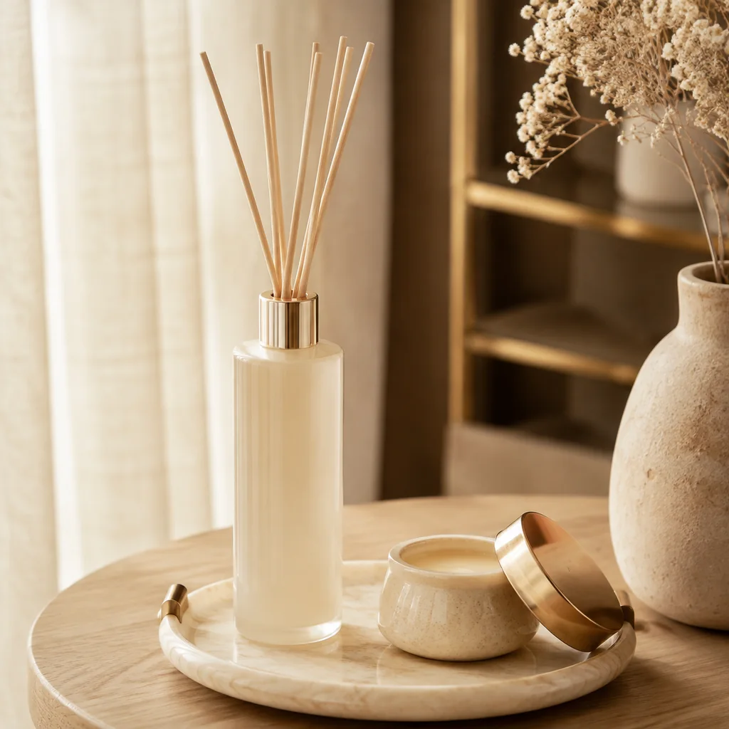 栖居系列藤条香薰和固体香膏的柔和家居画面